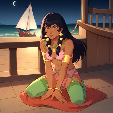 xtulax, dark-skinned female, black hair, long hair, earrings, green eyes, bracelet, armlet, hair tubes crop top, bare shoulders, sash, pink harem pants, boots