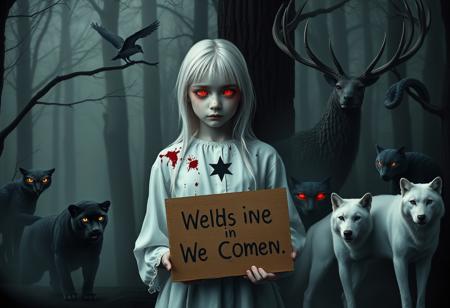 In a mist-filled forest, a pale girl with silver-white hair stands hauntingly still. Her white blouse, splattered with dark red stains, contrasts starkly with her ghostly skin. A simple black five-pointed star is visible on her chest, adding an unsettling graphic element. Her eyes glow with an intense crimson light, piercing through the dimness.
Around her, twelve wild animals create a tense, surreal circle. A black panther crouches nearby, its fur blending with the darkness, while its eyes reflect an eerie red. Two owls perched on branches survey the scene with glowing red eyes. A large snake, with blue-black iridescent scales, coils around a tree branch, its gaze menacing.
In the background, a majestic stag stands with antlers silhouetted against the fog. Two lynxes, their fur patterned with shadows, move quietly, and a white wolf stands in the foreground, its eyes mirroring the girl’s glow.
The girl holds cardboard sign reading "We Come in Peace". The swampy ground is covered in mist, with refracted light casting shifting shadows, adding to the eerie, realistic quality of the scene