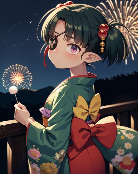 masterpiece, high quality,
isadora, 1girl, solo, blush, short hair, hair ornament, japanese clothes, green hair, sky, looking back, kimono, from behind, sash, night, obi, hair bobbles, night sky, yukata, fireworks, green kimono, aerial fireworks, cotton candy,<lora:isadora_finnsdottir-01:0.7>,eyepatch, pointy ears,