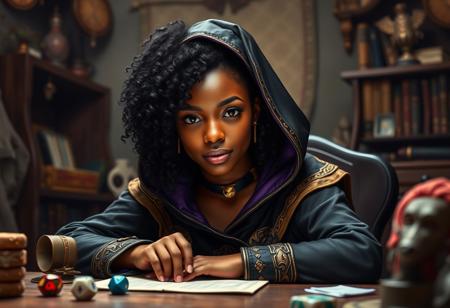 A beautiful young black woman sitting at a desk, playing D&D as a Dungeon Master. The composition should show from the top of her head to the mid of her bust. She has black curly hair and bright brown eyes, wearing stunning high fantasy robes with a black and purple hood adorned with gold trim. The background should suggest a cozy, imaginative gaming environment, filled with dice, character sheets, and fantasy elements, enhancing the sense of adventure and creativity.