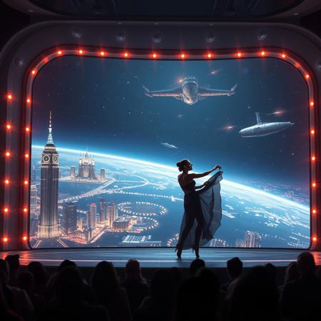 immaculately detailed realistic ultra quality image of a beautiful elegant female dancer is dancing on a futuristic stage micro-LED lighted, behind the dancer on the stage is an enormous seamless and futuristic wall to wall and floor to ceiling window that looks out at a the planet's surface covered with the lights of enormous buildings and cities, An enormous deco starship with futuristic lighting and an enormous space station are visible in the background among the stars, Artistic art deco, dynamic perspective, (((overall architectural aesthetic is Art Deco Cyberpunk))).  Epic image that elicits a feeling of romanticism, wonder, and awe, the silhouette of the audience can be seen in the foreground that show the enormous scale of the stage and seamless window behind it,