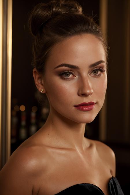 1girl, long hair, foundation, concealer, mascara, rosy cheeks, smokey eye makeup, lipstick, photorealistic, hyperrealistic, hyperdetailed, analog style, soft lighting, subsurface scattering, realistic, heavy shadow, masterpiece, best quality, ultra realistic, 8k, golden ratio, Intricate, High Detail, film photography, soft focus, (european, caucasian:1.5), luxurious night club, dim mood lighting, accent lighting, high end, upscale, posh, fancy ornate bar, (short black cocktail dress:1.25), strapless, bare shoulders, (hair up in messy bun:1.3), content, relaxed, soft smile, elegant dignified pose, (beautiful, gorgeous, flawless complection, glamour model:1.3), twilight blue, sparkling silver, galaxy purple, black velvet, (medium shot:1.4), (portrait:1.2), (hispanic, spanish, dark tan skin:1.3)