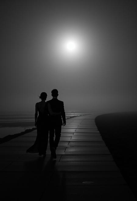 A couple in evening attire walking along a misty, moonlit shoreline, 
poetic surreal photography, high-contrast black-and-white tones, dreamlike minimalism, emotional street photography, soft muted colors or grayscale, fleeting intimate moments, abstract realism, deep shadows and atmospheric lighting, conceptual storytelling