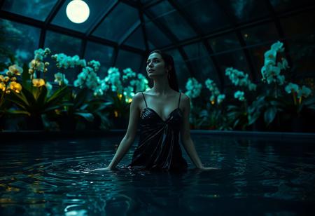 Cinematic still, woman in wet-look gown emerging from dark pool, fabric clinging to form like liquid obsidian, three-quarters framing, Dutch angle, setting: moonlit conservatory with ghost orchids, mood: mysterious transformation, lighting: bioluminescent flora casting turquoise highlights, color theme: midnight blue and iridescent teal, lens: Petzval 85mm, in the style of Gregory Crewdson with Klimt influences