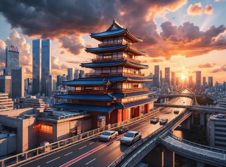 hyper-realistic photo of a Japanese palace surrounded by futuristic dystopian city skyline,skyscrapers,clouds,cars on a highway,at dusk,setting sun,cinematic lighting,