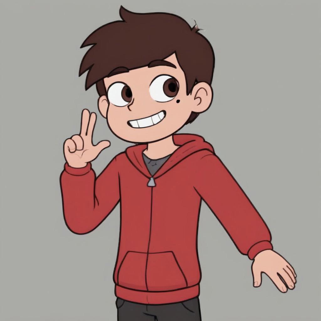 Marco Diaz, 1boy, male focus, solo, hoodie, hood, pants, mole under eye, red hoodie, teeth, grin, hand up,
svtfoe_style