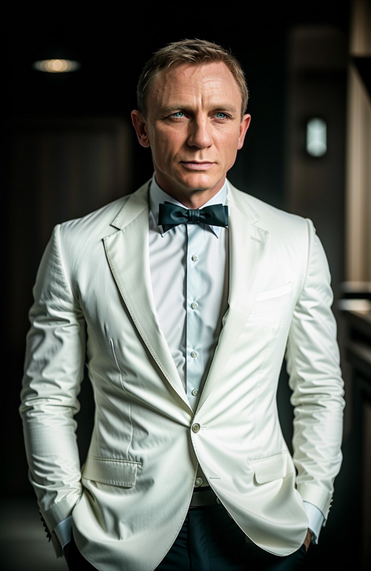 award winning (portrait photo:1.4) of a handsome man, 007danielcraig, dressed in a white suit, standing beside a silver As...