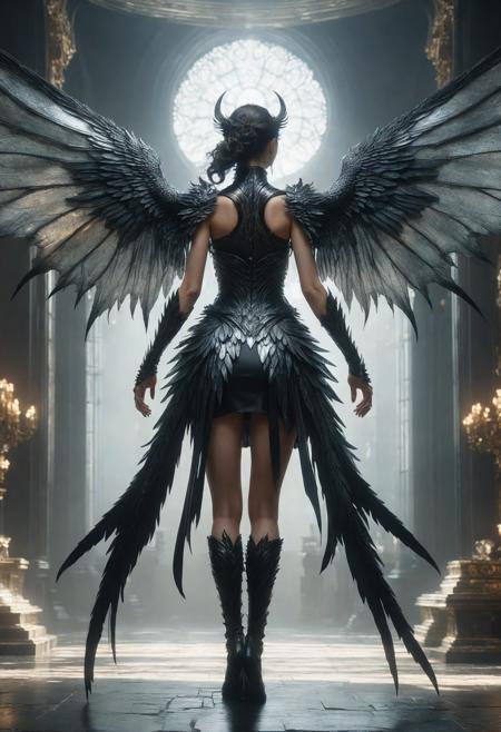 awesome quality, dynamic,DonMDr4g0nXL woman from behind,wings attached to back,skirt, (draconid:0.25) translucent obsidian order  <lora:myLora\DonMDr4g0nXL-v1.1rb:1>