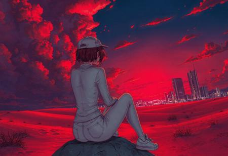 highly detailed manga artist Style, colorfull, in a desert, warm red early morning, hot, detailed soft red glowing clouds. dim red sun, city light and high buildings in the far background, dark shadows, dramatic lighting, dark theme, dark, backlighting, dark back, highly detailed, score_9, score_8_up, score_7_up, low angle backshot, woman, sitting on a stone, back to the camera, short red glowing hair, petit body, thight white jacket, white cap, tight white leggings, white sneakers, slim body, tight ass, tight legs,