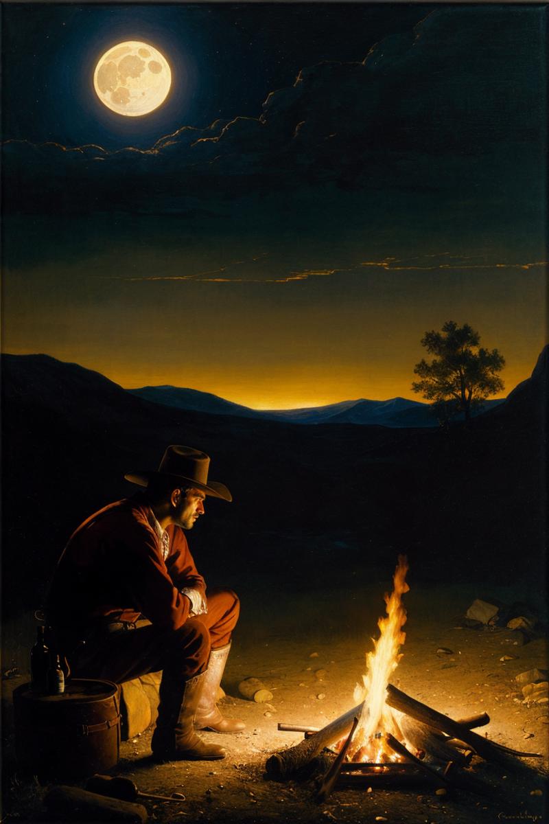 A man sitting near a fire at night.