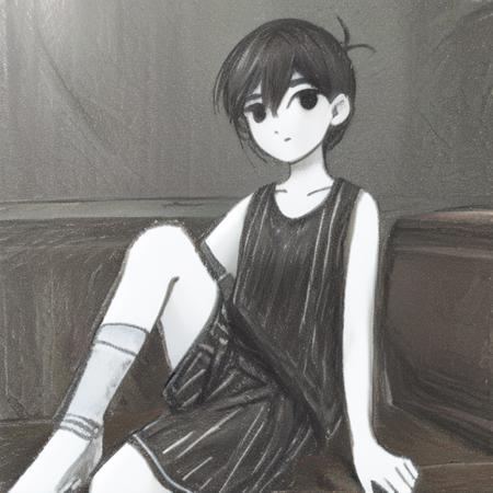 black and white, solo, portrait, (sitting), sad,  <lora:omori-v1-000010:0.7>