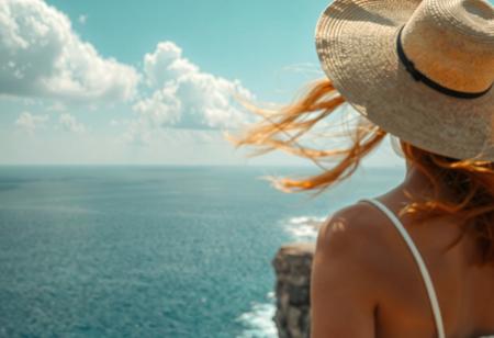 highest quality, best quality, 4k, uhd, on the edge of a cliff, sea in background, woman with ginger hair standing on the edge of the cliff, looking at sea, hair on strong wind, big straw hat, white dress, shot from behind, sunny day, clouds on the blue sky
