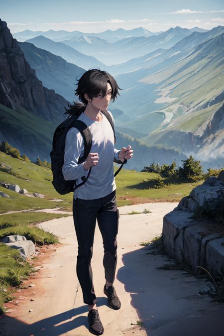 masterpiece, best quality, absurdres, 1boy, solo, SakamotoRyouma, black hair, ponytail, pants, shirt, hiker, backpack, mountain scene, <lora:SakamotoRyouma:1>