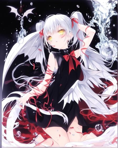 best quality, 1girl, solo, dress, ribbon, armpits, yellow eyes, black dress, long hair, looking at viewer, arms up, wings, red ribbon, parted lips, twintails, sleeveless, sleeveless dress, jewelry, bangs, low wings, bare shoulders, hair ribbon, white hair, very long hair, demon wings, on back, water, earrings, lying, petals, bare arms, blush, demon girl, partially submerged