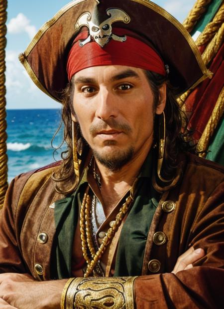 ck1, Pirate King: Regal Pose, Ornate Pirate Hat, Feather Plume, Eye Patch, Long Flowing Hair, Bejeweled Cutlass, Gold-Trimmed Pirate Coat, Intricate Brocade, Treasure Chest, Pirate Ship, Jolly Roger Flag, Rough Beard, Commanding Presence, Pirate Crew, Treasure Maps, Golden Doubloons, Naval Battles, Skull and Crossbones, Pirate Parrot, Ocean Waves, Maritime Adventure, Swashbuckling Hero, Pirate King's Throne, Hidden Coves, Sea Shanties.
 <lora:CosmoKramer:1>