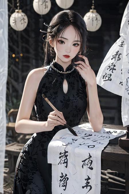 masterpiece,best quality, 1 girl, standing, black dress,  (black cheongsam), calligraphy_background <lora:Xinzhongshi mo_20230819135402:0.8>