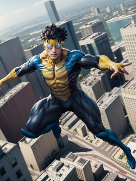 Invincible2023, photorealistic, 8k, uhd, best quality, masterpiece, best quality, 1boy, 5 fingers, cinematic lighting, raw image, trending on arstation, vibrant colors, goggles, full body, hovering above city, blurred background, hero, depth of field, flying, mid flight, cinematic lighting