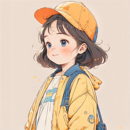 high quality,masterpiece,
Profile picture,1girl,toddler,round face,simple_background,<lora:Children's illustration:0.8>,fat,bomber_jacket,hat,happy,