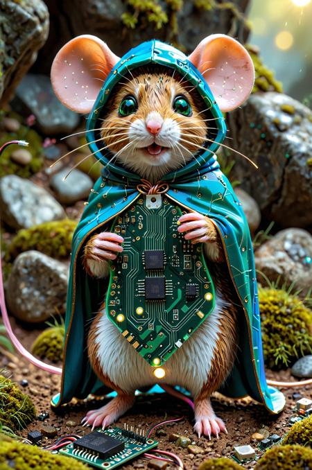 Fantasy cartoon concept art style of photograph of a small mouse made entirely of green circuit board and electronic components wearing a blue hooded cape made of flexible circuit board standing on a dirt path surrounded by moss covered rocks resembling brown and yellow circuit boards realistic details soft lighting warm tones mouse has pink led eyes copper whiskers tiny metal paws holding cape curled brown cable tail, cartoon cute digital painting, imaginative, dynamic composition, whimsical expression, adorable, playful character, professional-grade execution, creates immersive world and landscape, brush strokes, TzigoCBS SDXLposXL,