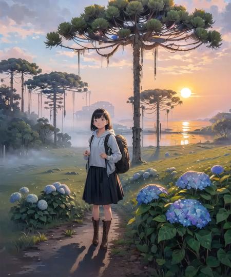 (oil painting:1.2), (1girl:1.1), long skirt, boots, backpack, hoodie, nature, scenery, field, (araucaria:1.2), (trees:1.2), forest, sunrise, (fog:1.2), (dawn:1.1), cloud, (hydrangea:1.1), mountain, orange sky, (spanish moss:1.2), (masterpiece, best quality:1.2)
<lora:araucaria-10:0.8>