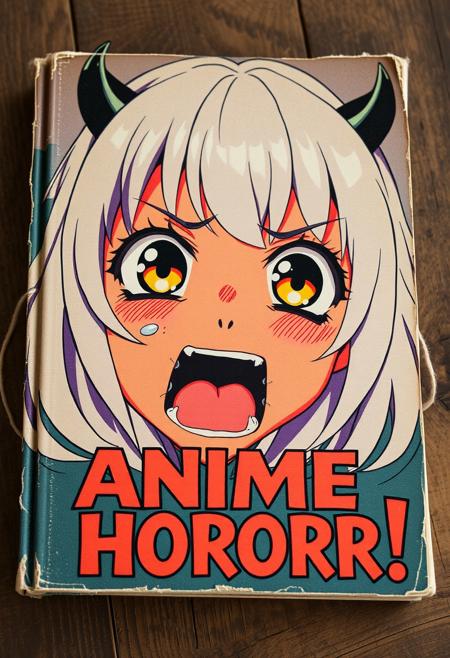 Vintage book 60-ss with frayed edges, in style of romance novel, called with big bold text "ANIME HORORR!", lying ot the table. Cover of this vintage book depicting an anime character, in an intense, exaggerated emotional state, with wide, teary eyes and an open mouth, giving the impression of shock, fear, or frustration. The character has pale lavender hair with a straight fringe and two small black accessories or horns protruding from the sides of her head. Her hair flows around her face, framing her expression. Her large, amber-colored eyes are the focal point of the image, filled with shimmering tears. The pupils are wide, and the light reflection in the eyes adds a dramatic effect. Her cheeks are flushed with a rosy hue, further highlighting the strong emotion she is experiencing. Her mouth is open in a scream, revealing the inside of her mouth, with sharp lines emphasizing the intensity of her reaction.