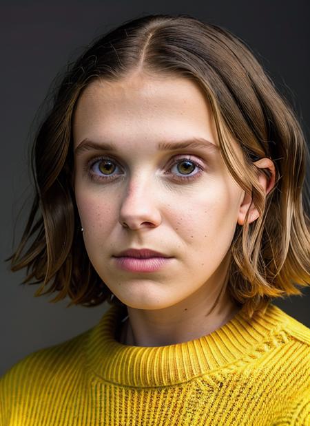 portrait of skswoman, sad , wearing sweater , with Bob , background prison epic (photo, studio lighting, hard light, sony a7, 50 mm, matte skin, pores, colors, hyperdetailed, hyperrealistic), <lyco:Millie Bobby Brown:1.2>