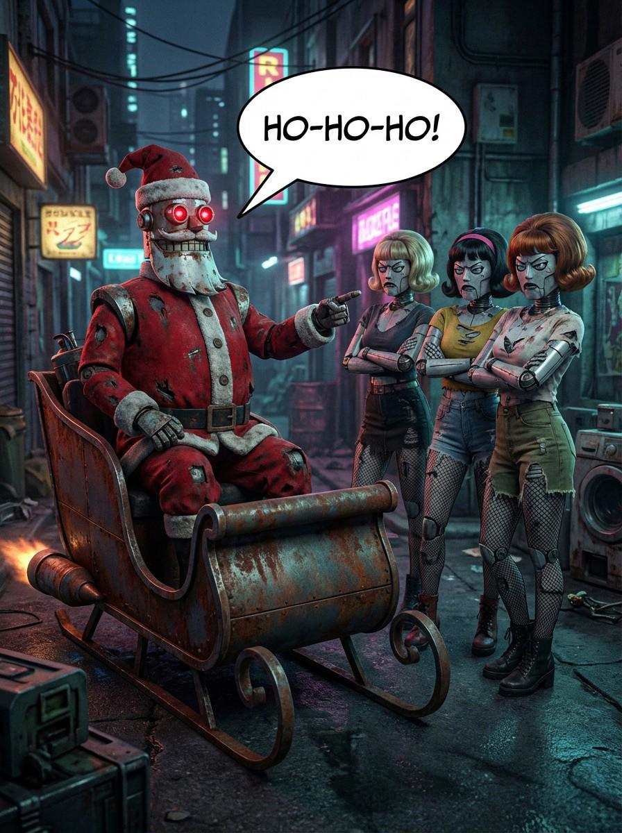 Photorealistic Robo-Santa from Futurama with glowing red eyes - pointing at 3 robo-prostitutes in wigs and fishnets from his slay - he is saying "Ho-Ho-Ho!" - the robot-prostitutes look visible offended