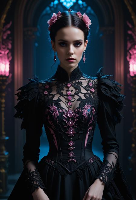 Gothic style Roku WildCards/Dreamshaper Quality, <lora:Alexander McQueen-art nouveau fashion embroidered:1>,Alexander McQueen,art nouveau,fashion embroidered,<lora:Abstract Concept-1girl:0.8>,concept art,1girl,<lora:LetThereBeLight:0.2>,Beeple,pink and blue lighting, . Dark, mysterious, haunting, dramatic, ornate, detailed