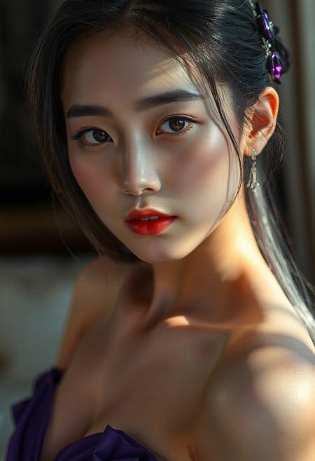 DSLR-style portrait of a slender, elegant 26-year-old Korean model, translucent pale skin with natural texture, soft shadow on cheek, diffused daylight from side, parted lips, clean background, solo, masterpiece, ultra high-res  
<lora:NOOB_vp1_detailer_by_volnovik_v1:1>
barely visible pores, subtle skin texture variation, translucent skin tone
score_9, score_8_up, score_7_up, black hair, shiny skin, wet skin, eye contact, tilted angle, moody lighting, flouting, suggestive pose, perfect quality, (abstract:0.2)  
<lora:MythAnim3Style:0.9> MythAn1m3, , asian face,
(Korean)(black eyes) (masterpiece:1.4), (best quality:1.2)
<lora:RMSDXL_Enhance: 0@0, 4@5 > <lora:Add_more_details_pony: 0@0, 1@5 > <lora:hd_4k_ntc: 0@0, 1@5 > 
(Depth of field), 
 masterpiece, high resolution, cinematic, masterpiece,
(bright lighting),
<lora:S1_Dramatic_Lighting_v2:0.15> <lora:g4n1m3XLP:0.8> <lora:d3t41l3dXLP:0.5> 
,gorgeous:4,detailed
<lora:surrealidescent_v1:3.14>
 <lora:flux dtmh:3.14> <lora:Hand v2:3.14>, SEED: 611294289, cleavage, cameltoe,
(cinematic lighting, best quality, masterpiece, very aesthetic, absurdres, highres, detailed, 8k, perfect anatomy, 1girl, herta \(honkai: star rail\), gray long hair, purple hair ornaments, violet evening dress, gorgeous dress, long gloves, star jewelry, earrings, necklace, leg choker, face makeup, gorgeous hairstyle, view from above, luxury mansionbackground,