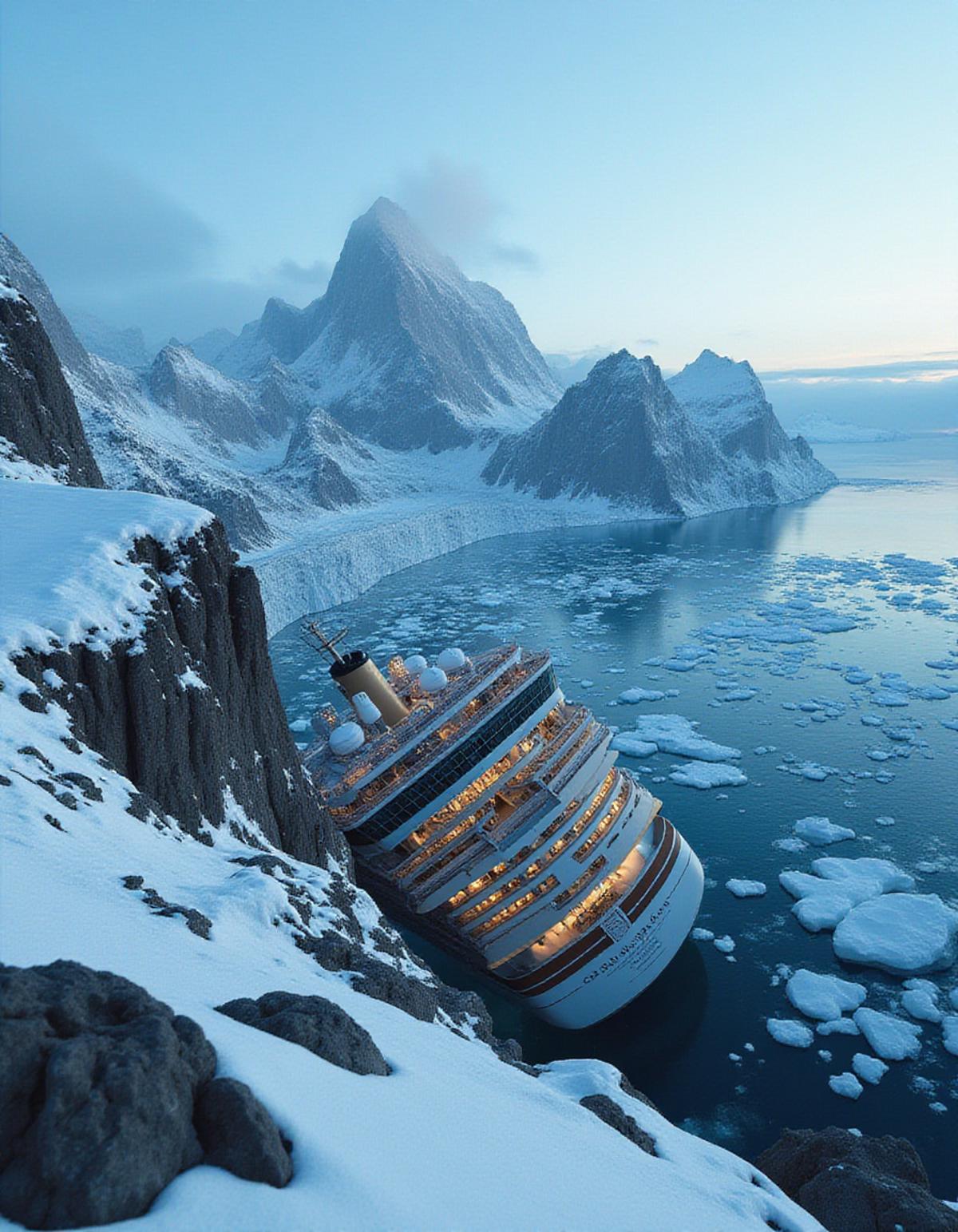 A dramatic photo capturing a sinking cruise ship atop a snowy mountain peak, surrounded by jagged rocks and towering cliffs, with a clear blue sky overhead, reflecting off the icy waters below, creating a stark contrast between the warm interior of the ship and the cold exterior environment, highlighting the tragic fate of those aboard, evoking a sense of loss and despair, emphasizing the harsh reality of such a disaster, showcasing the power of nature and the fragility of human endeavor,