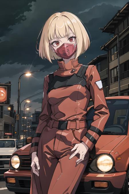 cpkiwi, honda_city, highres, highest quallity, illustration,  ultra detailed, (detailed face), (detailed eyes), soft lighting, best quality, hyper detailed, masterpiece, 1girl, solo, short hair, blonde hair, red eyes, red coat, coat, belt, red pants, mask, luminous eyes, medium breasts, (colorful), looking at viewer, outdoors, clouds, sky, morning, car, leaning on honda_city
 <lyco:honda_city_v10:0.6>   <lora:KiwiV1:0.7>