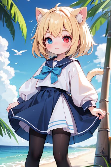 1girl,bangs,beach,bird,black legwear,(heterochromia:1.4),(red eyes:1.4),(blue eyes:1.4),blonde hair,cat ears clouds,blue sailor collar,blue skirt,blue sky,blush,red bow,closed mouth,cloud,cloudy sky,condensation trail,day,