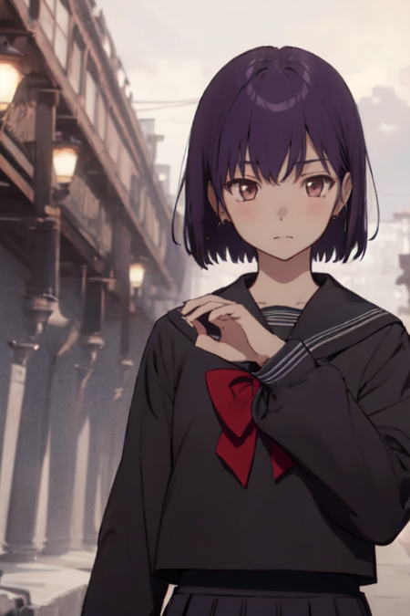 YukikaShindo, 1girl, solo, short hair, long sleeves, red bowtie, brown eyes, black serafuku, school uniform, purple hair, black sailor collar, black shirt, 