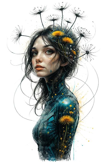 mysterious silhouette dandelion woman, by Minjae Lee, Carne Griffiths, Emily Kell, Steve McCurry, Geoffroy Thoorens, Aaron Horkey, Jordan Grimmer, Greg Rutkowski, amazing depth, double exposure, surreal, geometric patterns, intricately detailed, bokeh,  perfect balanced, deep fine borders, artistic photorealism , smooth,  great masterwork by head of prompt engineering   <lora:add-detail-xl:2>  <lora:xl_shuimo:0.7> ink wash painting <lora:Cute_Drawing:0.55>  <lora:hyperkraximalism_v1-1:0.25>