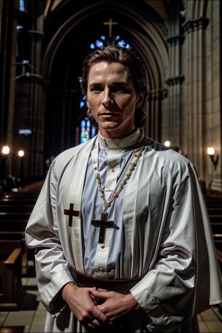 photo of  (sigmabale) <lora:SigmaBaleDogu2mini:1>  , as a (priest:1.3),in a church, wearing white robes, (holy cross locket:1.1), 8k uhd, dslr, high quality, film grain, Fujifilm XT3