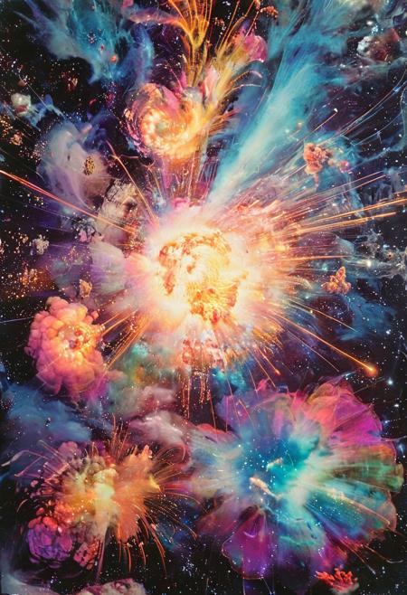 Product photograph, the 1980s, PsychadelicChaos, the universe, chaos, insane colors, the universe blowing up, insane colors, beautiful, epic, analog film grain, polaroid, DSLR
