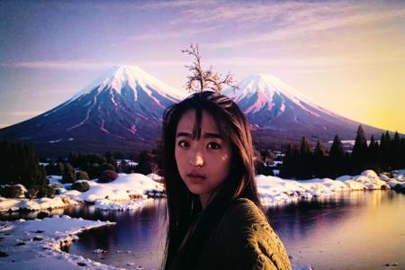 Selfie photo,(masterpiece, best quality, high quality, highres, ultra-detailed,8k),HDR,vivid color,(24mm lens:1.2),
(golden hour:1.2),winter,A girl,(Mount Fuji) in the background,
(beautiful shadow,low key),(photorealistic, raw photo:1.2), <lora:fandaoai:0.8>