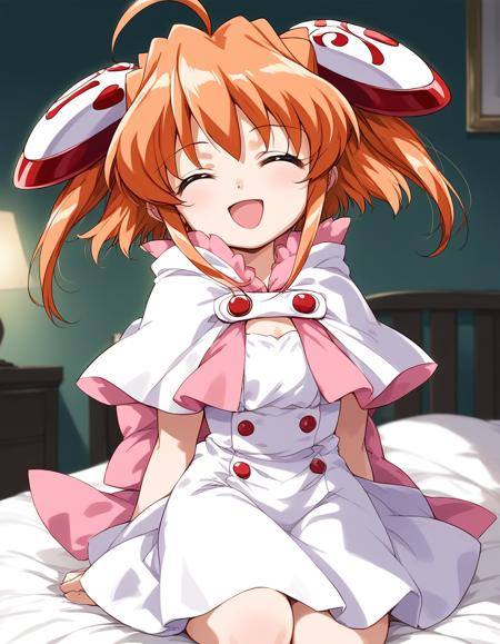 rizel, blue eyes, ahoge, orange hair, hair ornament, bangs, sidelocks, flat chest, short stack, indoors, frill, white dress, capelet, bow, buttons,