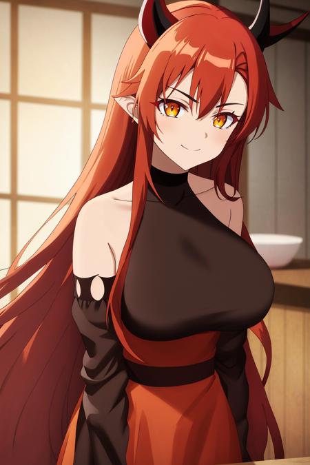 tania, anime art style, 1girl, solo, long_hair, breasts, looking_at_viewer, smile, bangs, dress, hair_between_eyes, bare_shoulders, closed_mouth, yellow_eyes, upper_body, red_hair, detached_sleeves, horns, sleeveless, indoors, white_dress, blurry, v-shaped_eyebrows, orange_eyes, blurry_background, white_sleeves