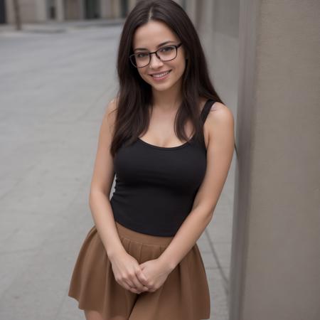 a high-definition photograph, one beautiful female celebrity, beautiful eyes, teeth and face, glasses, sexy poses for the camera, dark hair, sleeveless shirt, black skirt, brown pantyhose, smiling, makeup, medium breast, standing in a on a sidewalk