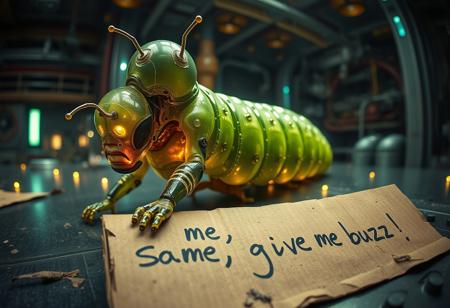 “Plastic Man morphing into a caterpillar, blending human and insect features with intricate high-technology details. His body exhibits glossy, translucent plastic textures merging seamlessly with the segmented, velvety green surface of the caterpillar, complete with delicate antennae and tiny legs. Random, glowing, fancy spots illuminate the scene, resembling futuristic bio-luminescence. A rotten piece of cardboard lies in the foreground, damp and crumpled, with bold, messy handwriting that reads: ‘Save me, give me buzz!’ The setting is an abstract, high-tech environment, filled with mechanical and organic elements. Rendered with cinematic prime lens effects, using a fisheye 12mm perspective for dramatic distortion and dynamic depth, showcasing surrealism with stunning visual clarity.”