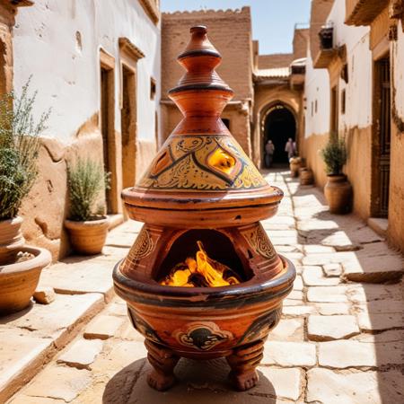 an ornate golem crafted from stacked miniature tagines, joints sealed with cinnamon resin, body painted in weathered glaze and saffron pigment, eyes glowing with trapped spice embers, walking slowly through a sunlit kasbah alley, Tagine
