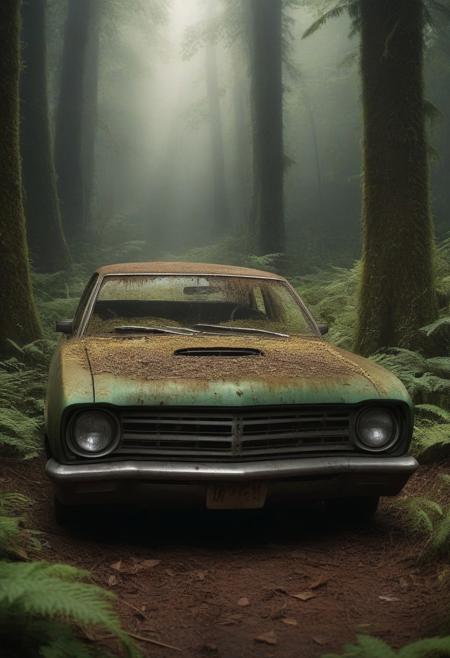 Green_Ruinji, The image is a digital illustration of a mysterious and eerie scene in a forest. The focal point of the image is an old, rusted car that is lying on its side in the middle of the frame. The car is covered in green and yellow leaves, giving it an aged and weathered appearance. The front of the car is completely covered in dirt and debris, with the hood and grille missing. The headlights are turned on, and the car appears to be in a state of disrepair. The background is filled with tall trees and ferns, creating a dense canopy of greenery. A bright light is shining through the trees, casting a warm glow on the scene. A small animal can be seen peeking out from behind the car, adding to the eerie atmosphere. The overall mood of the illustration is eerie and mysterious