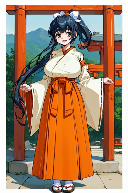 1girl, Japanese shrine, smile, open mouth, standing, 
shino, gray eyes, thick eyebrows, heir ribbon, hair bow, black hair, long hair, ponytail, sidelocks, bangs, miko, (white wide sleeves:1.1), (white kimono:1.1), japanese clothes, BLEAK (orange hakama:1.2), hakama skirt, large breasts, <lora:shino_lora_ver1:0.8>