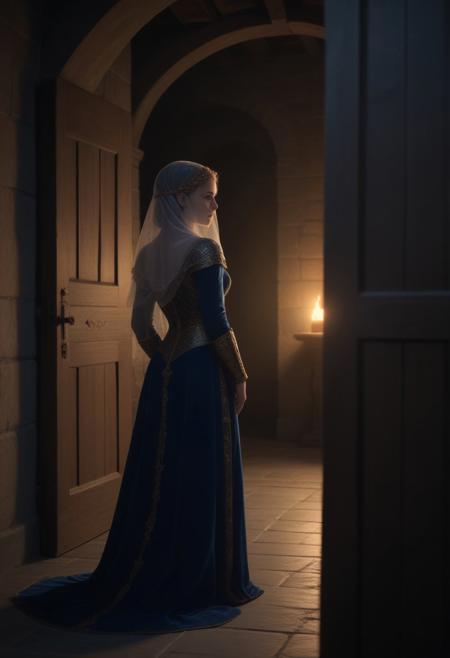 A medieval girl standing in a dimly lit stone castle corridor, illuminated by flickering torchlight. She wears a long, flowing gown made of deep blue velvet, embroidered with gold thread, and a delicate silk veil draped over her braided hair. she clutches an ancient, leather-bound book to her chest. The cold stone walls around her are adorned with faded tapestries depicting knights and mythical creatures. In the background, a large wooden door with iron reinforcements is slightly ajar, hinting at a mysterious chamber beyond. The atmosphere is moody and evocative, capturing the essence of the Middle Ages, ambient lighting, cinematic elements, looking away, from the back, no face, facing the back, behind