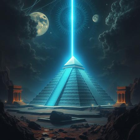 realistic, photo, scenic, psycadelic image of ancient pyramids and temples in a dark fantasy themed environment, geometric shapes, bifonacci, lsd, dmt, entities, a pyramid radiating with a light blue beam of light leading up to the sky