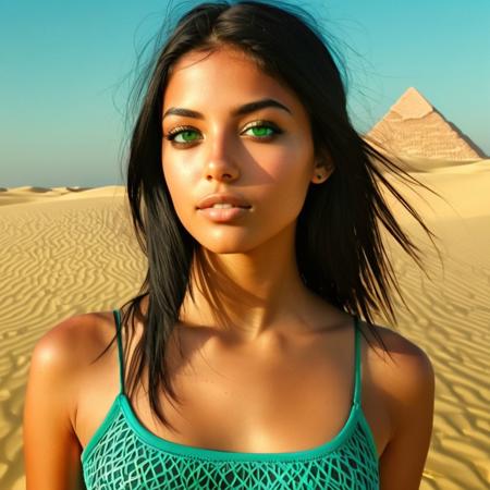 A close-up photo portrait of a woman style-hamunaptra with long black hair, tanned olive skin and detailed green eyes, wearing a cut-off top decorated with turquoise and gold. Face focus, Sensual, hot, sexy, mid breasts. a zentangle background made of sand dunes and pyramids and sun rays. Ultra detailed highest quality, deep shadows ray tracing.