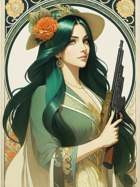 <lora:AlphonseMucha:1>a woman with long green hair holding a gun in her right hand and a flower in her left hand by Alphonse Mucha