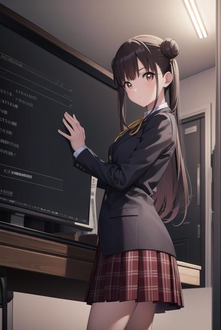 chiyokosonoda, <lora:chiyokosonoda-lora-nochekaiser:1>,
chiyoko sonoda, brown hair, (red eyes:1.5), hair bun, long hair, double bun, sidelocks,
BREAK brown skirt, buttons, collared shirt, dress shirt, miniskirt, neck ribbon, plaid, plaid skirt, pleated skirt, ribbon, school uniform, shirt, skirt, white shirt, yellow ribbon,
BREAK indoors, classroom,
BREAK looking at viewer, cowboy shot,
BREAK <lyco:GoodHands-beta2:1>, (masterpiece:1.2), best quality, high resolution, unity 8k wallpaper, (illustration:0.8), (beautiful detailed eyes:1.6), extremely detailed face, perfect lighting, extremely detailed CG, (perfect hands, perfect anatomy),