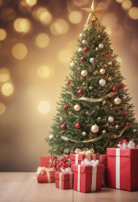 Composite image of christmas tree with gifts, light golden bokeh background
